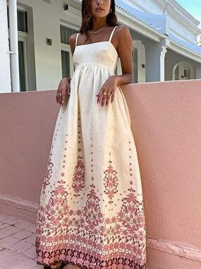 NWOT Commense Ivory Floral Embroidered Maxi Dress Square Neck Boho Resort Size L
